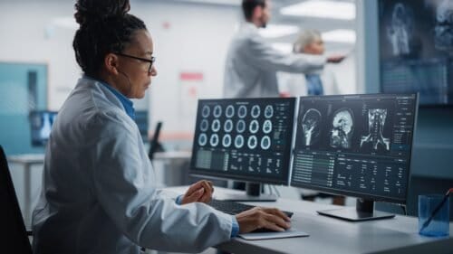 Medical,Hospital,Research,Lab:,Black,Female,Neuroscientist,Using,Computer,With