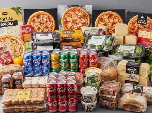 Frozen pizzas, multi-packs of canned drinks, trays of fresh produce, baked goods, cheese blocks, tubs of ice cream