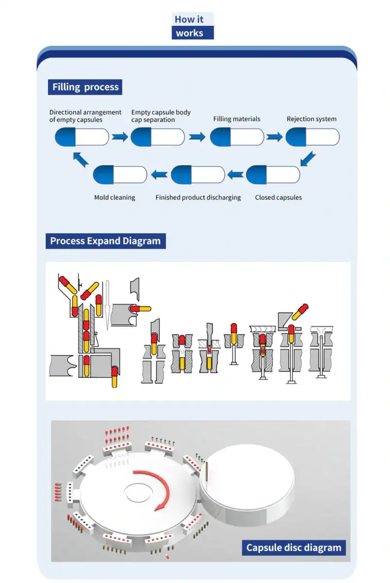 Infographic detailing the 10-station operation process of a fully automatic capsule filling machine, from loading to ejection.