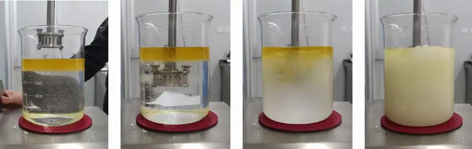 1.Mixer in the middle 2.Put the oil base and water base into the beaker 3.Start stirring and mix well 4.Test mix complete, no stratification