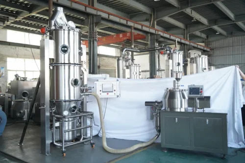 Real photos of a wet granulation + fluidized bed drying production line at the factory.