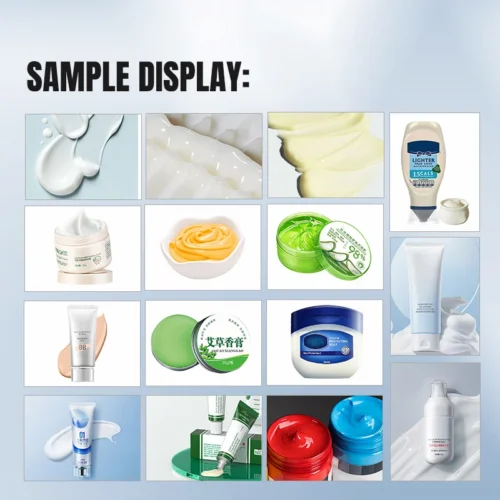 Sample emulsified products (creams, lotions, ointments, gels) produced by vacuum emulsifying mixers.