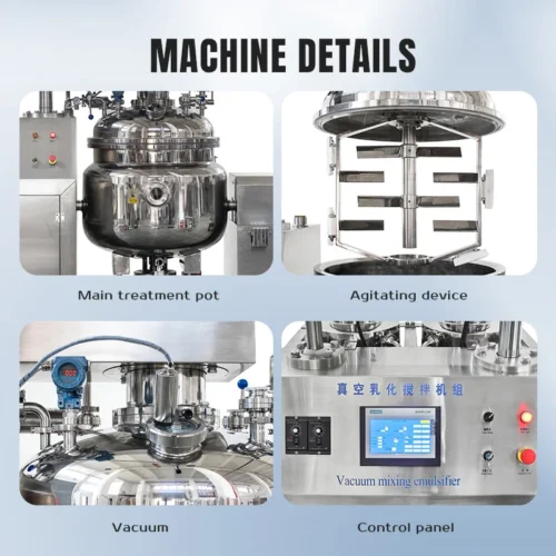 Components of the Grand Emulsifier CBZRJ-200L: main treatment pot, high-shear agitator, vacuum pump, and digital control panel.